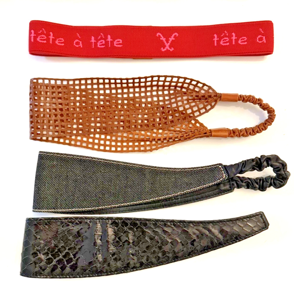 Four Frederic Fekkai Headbands in Leather, Denim, Lizard & Pink Elastic